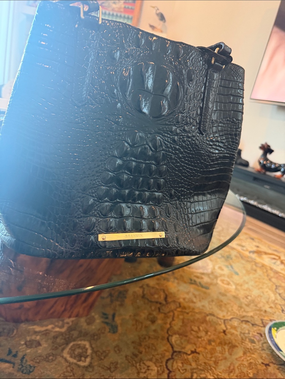 Brahmin Black Croc-Embossed Leather Shoulder Tote